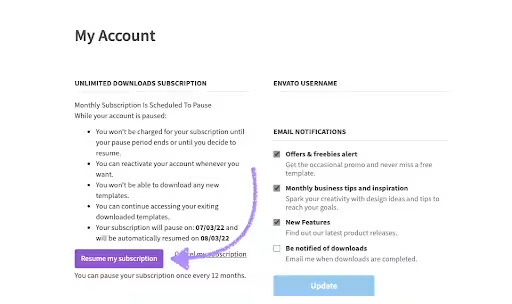 A step-by-step visual guide showing how to resume your Placeit by Envato subscription