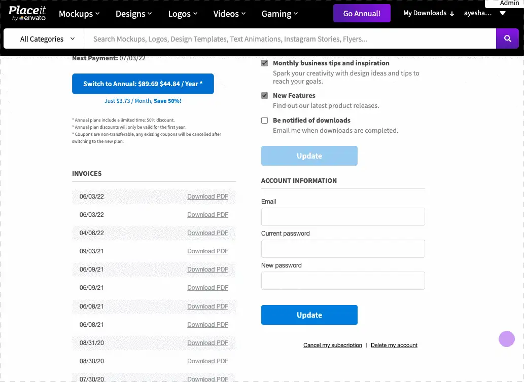 A step-by-step visual guide showing how to pause for a month your Placeit by Envato subscription
