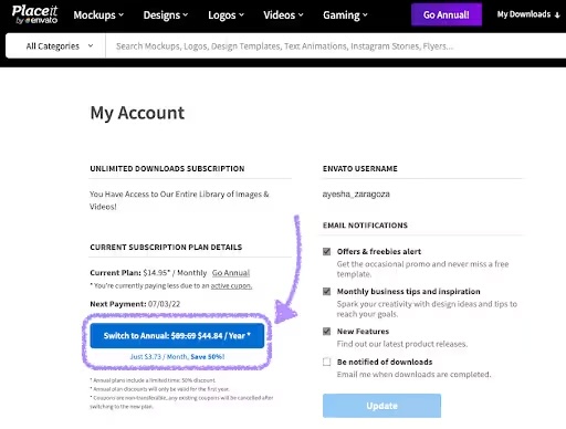 A step-by-step visual guide showing how to upgrade to your annual Placeit by Envato subscription