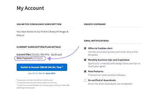 A screenshot that indicates your next payment regarding your Placeit by Envato account