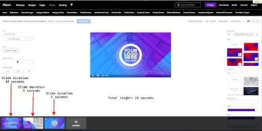 A visual explanation of how to manage time frames on a Placeit video